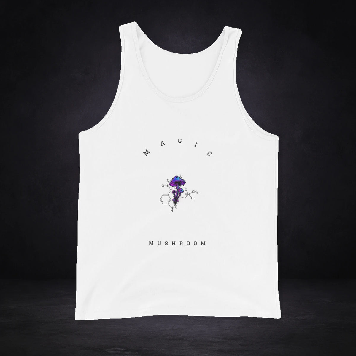 Magic Mushroom Tank Top von NiZED, Vorderansicht mit Designprint vor dunklem Betonhintergrund