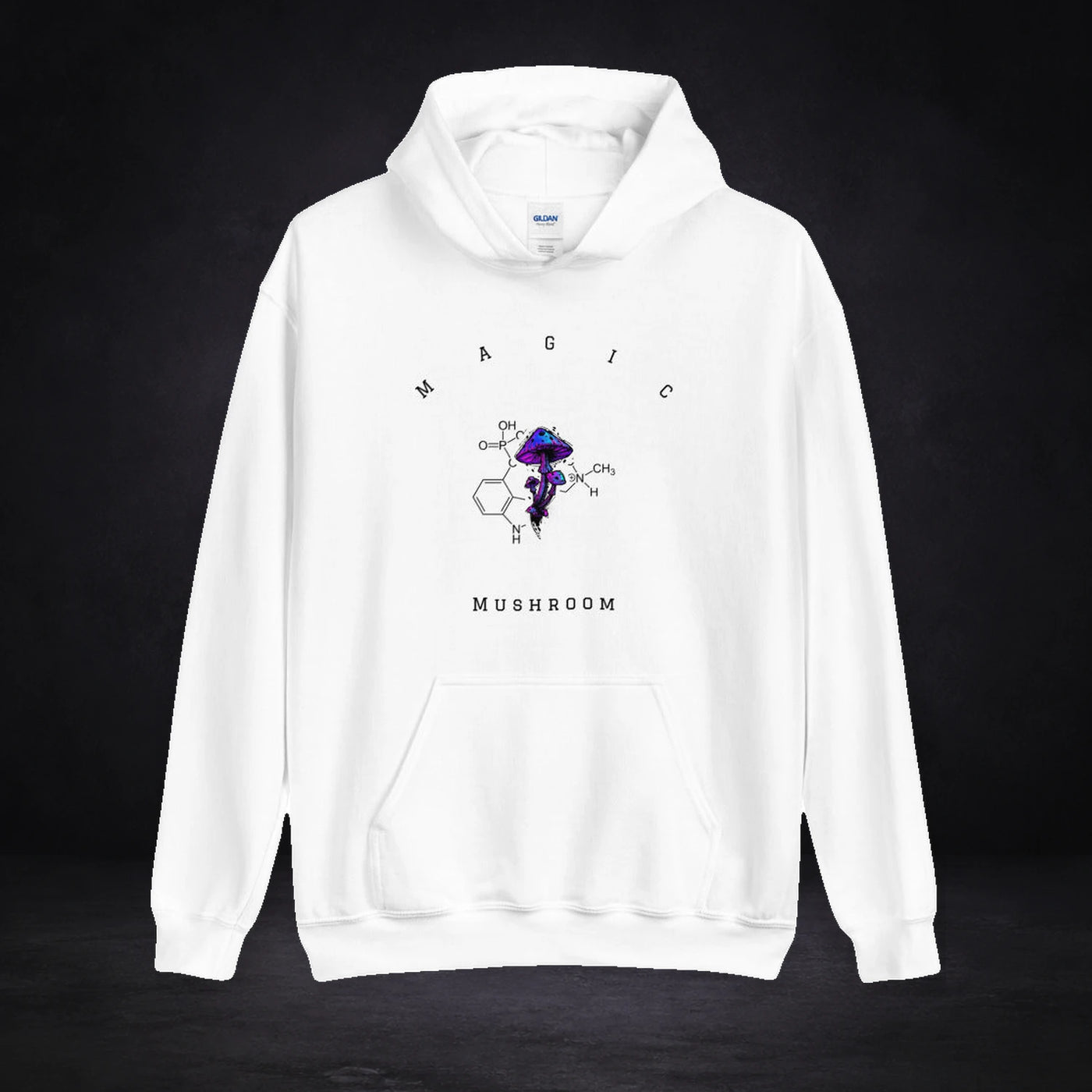 Magic Mushroom Hoodie von NiZED, Vorderansicht mit Designprint vor dunklem Betonhintergrund