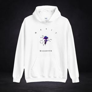 Magic Mushroom Hoodie von NiZED, Vorderansicht mit Designprint vor dunklem Betonhintergrund