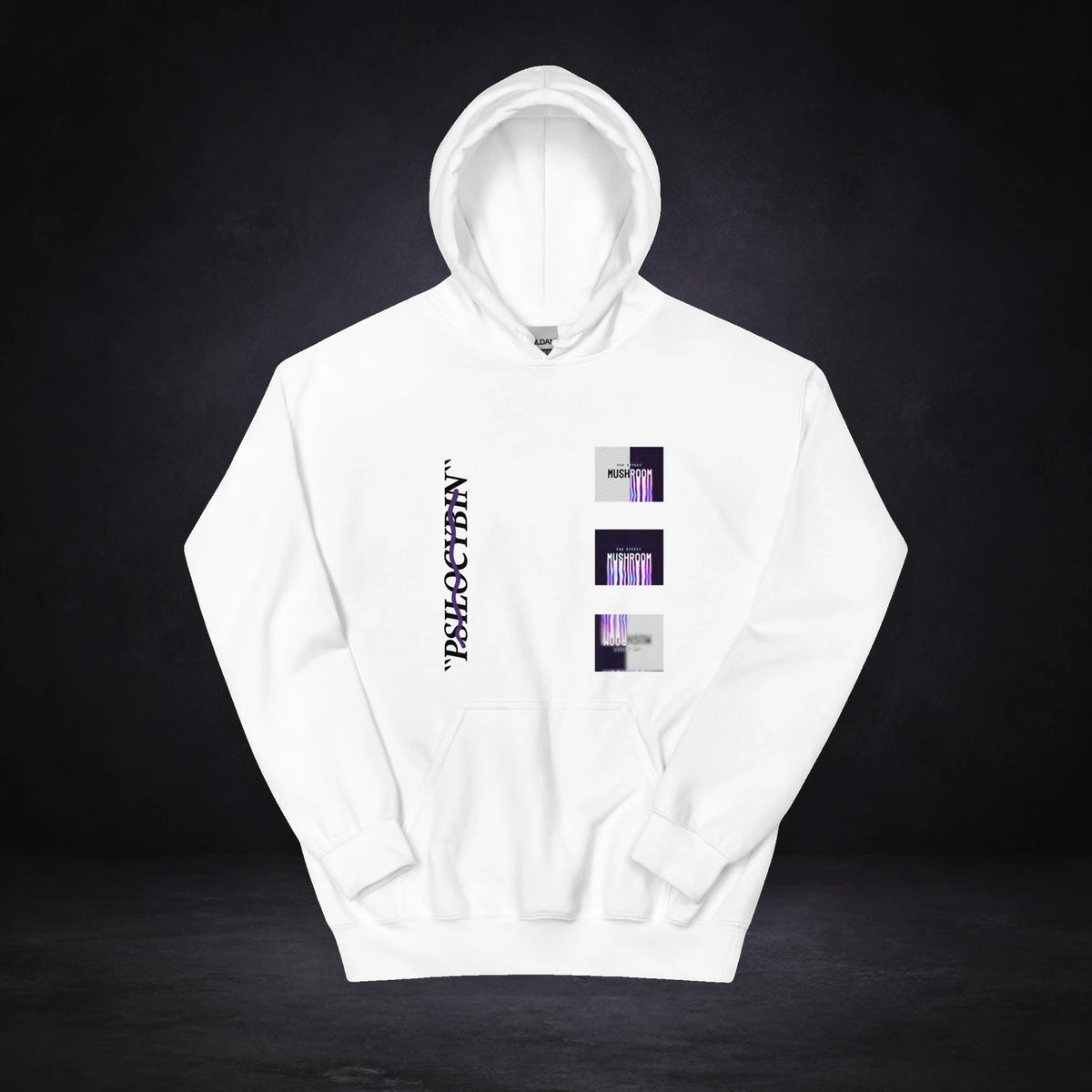 Magic Psilocybin Hoodie von NiZED, Vorderansicht mit Designprint vor dunklem Betonhintergrund
