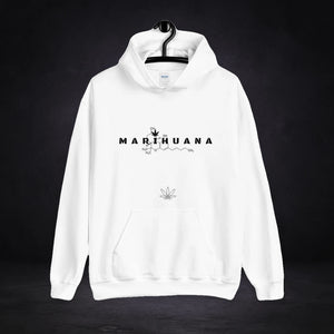 Marihuana Graphic Hoodie von NiZED, Vorderansicht mit Designprint vor dunklem Betonhintergrund