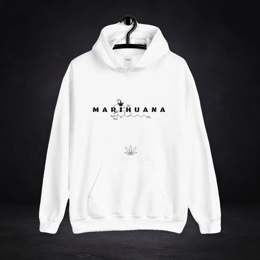 Marihuana Graphic Hoodie von NiZED, Vorderansicht mit Designprint vor dunklem Betonhintergrund