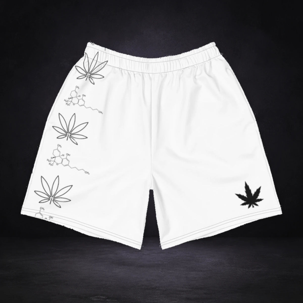 We Love 420 WEED Shorts von NiZED, Produktansicht mit Designprint vor dunklem Betonhintergrund