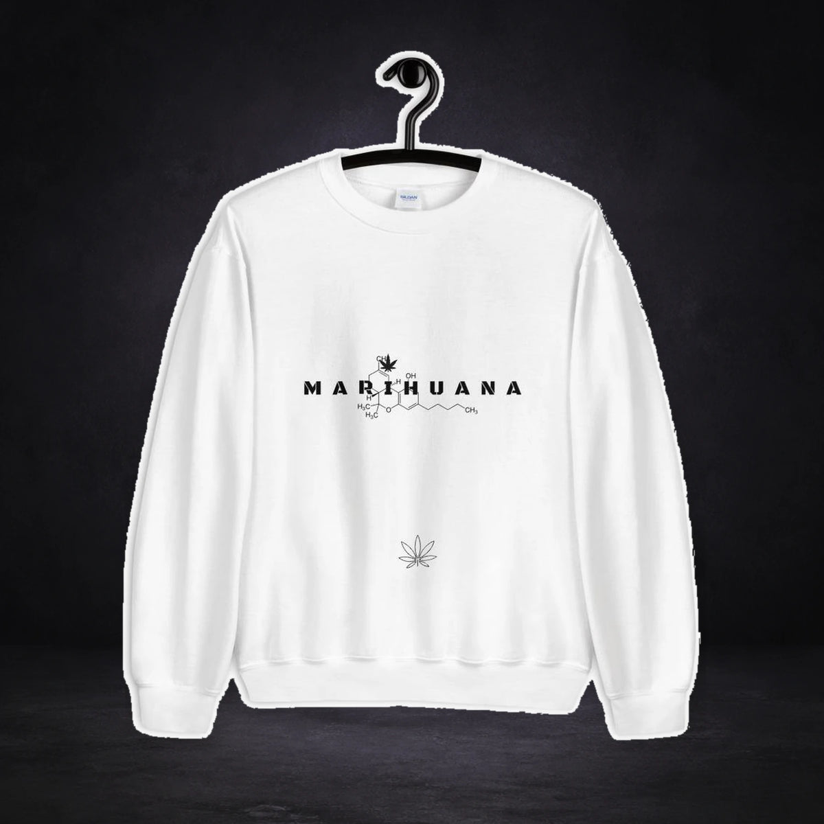 Marihuana Graphic Sweater von NiZED, Vorderansicht mit Designprint vor dunklem Betonhintergrund