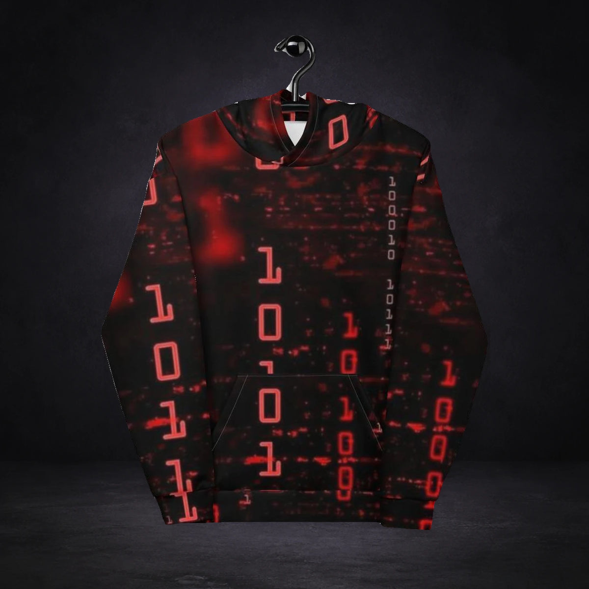 Matrix Graphic Hoodie von NiZED, Vorderansicht mit All-over-Print vor dunklem Betonhintergrund