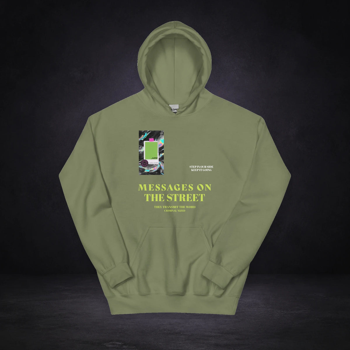 Message To The Street Hoodie von NiZED, Vorderansicht mit Designprint vor dunklem Betonhintergrund