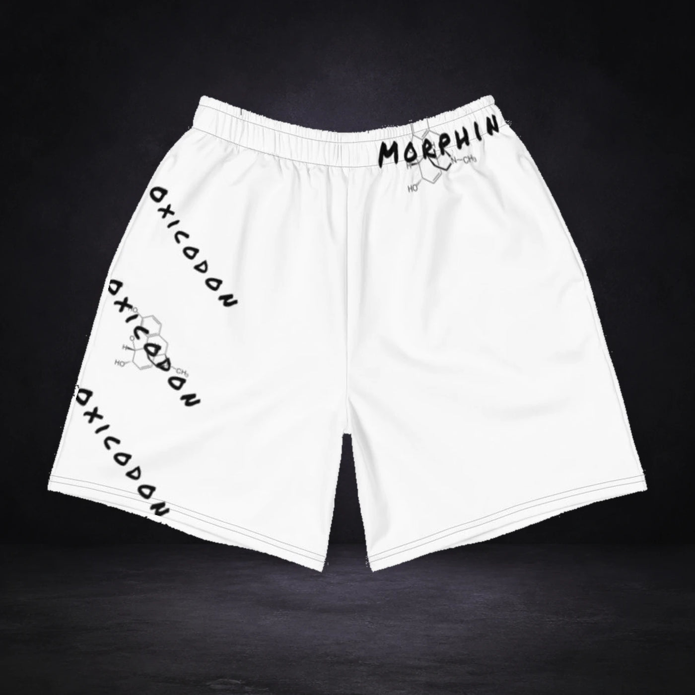 Morphin Bliss Highcodon Shorts von NiZED, Produktansicht mit Designprint vor dunklem Betonhintergrund