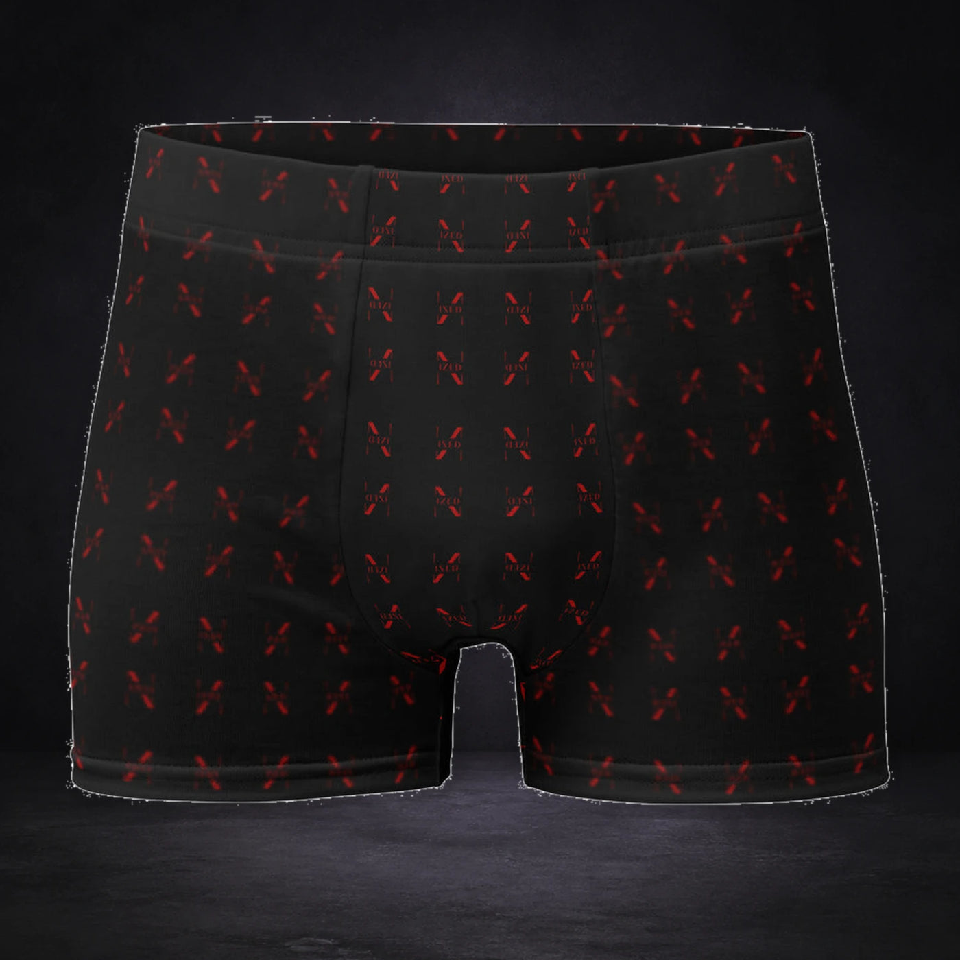 NZD Style Boxer Shorts von NiZED, Produktansicht mit Designprint vor dunklem Betonhintergrund