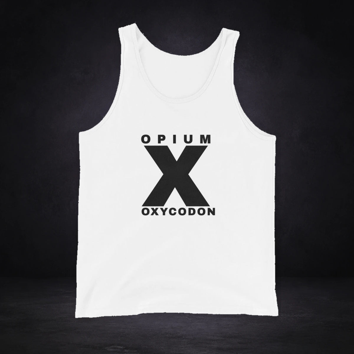 Opium Bliss Highcodon Tank Top von NiZED, Vorderansicht mit Designprint vor dunklem Betonhintergrund