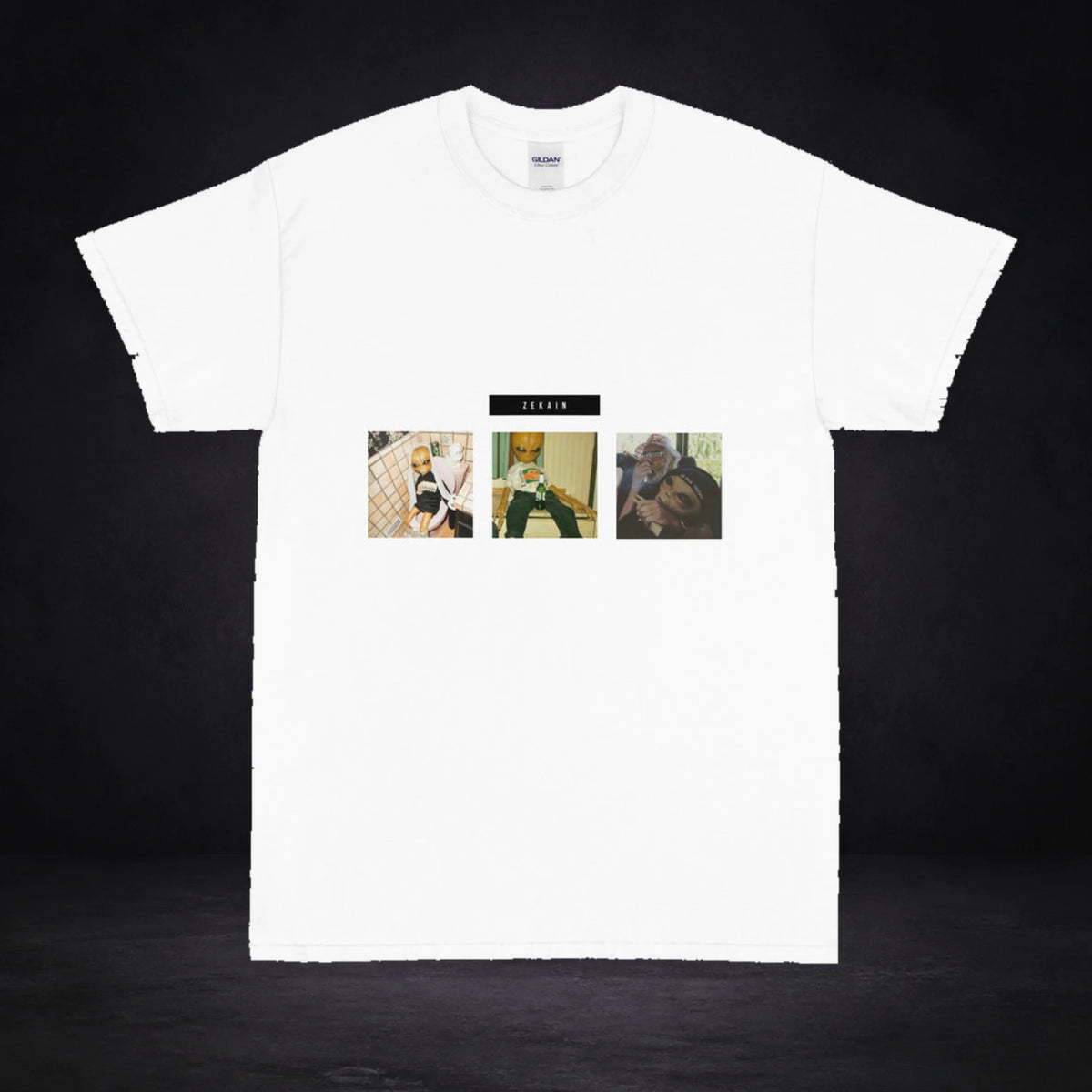 Alien Hangover T-Shirt von NiZED in Weiß, Vorderansicht mit Designprint vor dunklem Betonhintergrund
