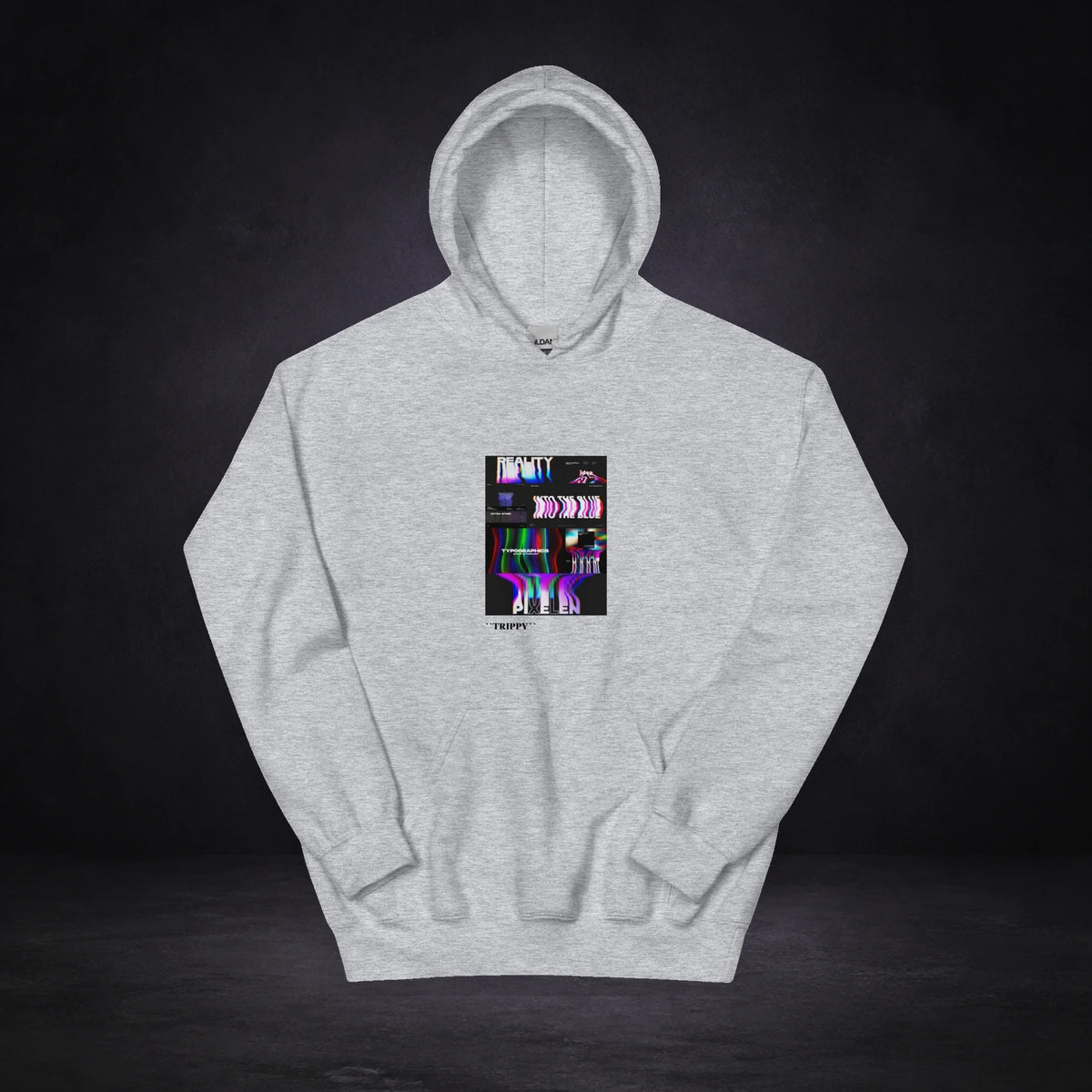 Outta This Hoodie von NiZED, Vorderansicht mit Designprint vor dunklem Betonhintergrund