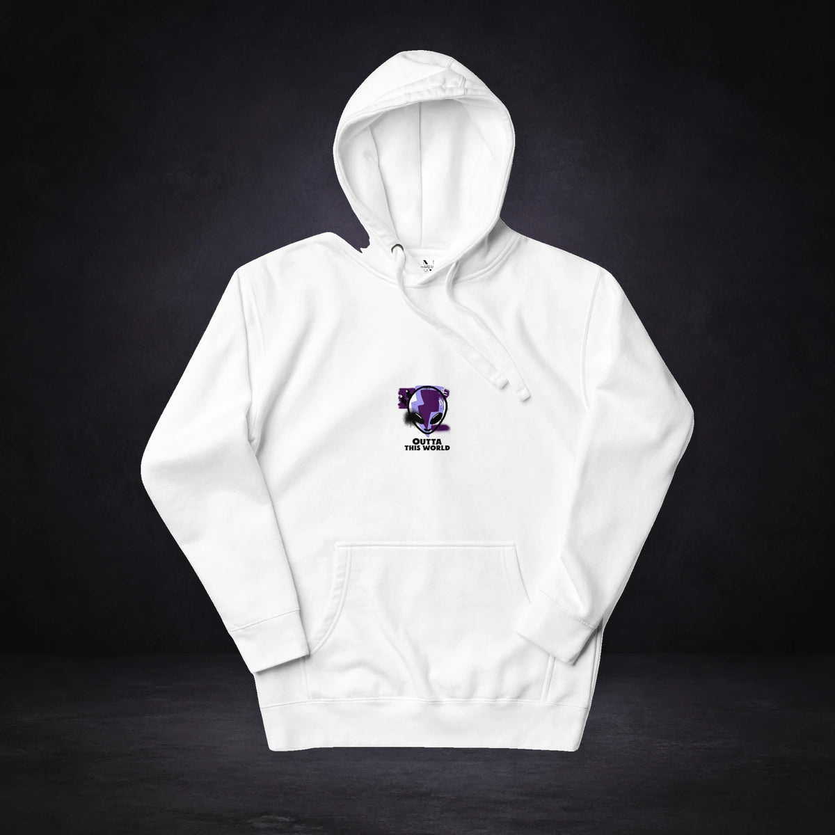 Outta This World Hoodie von NiZED, Vorderansicht mit Designprint vor dunklem Betonhintergrund