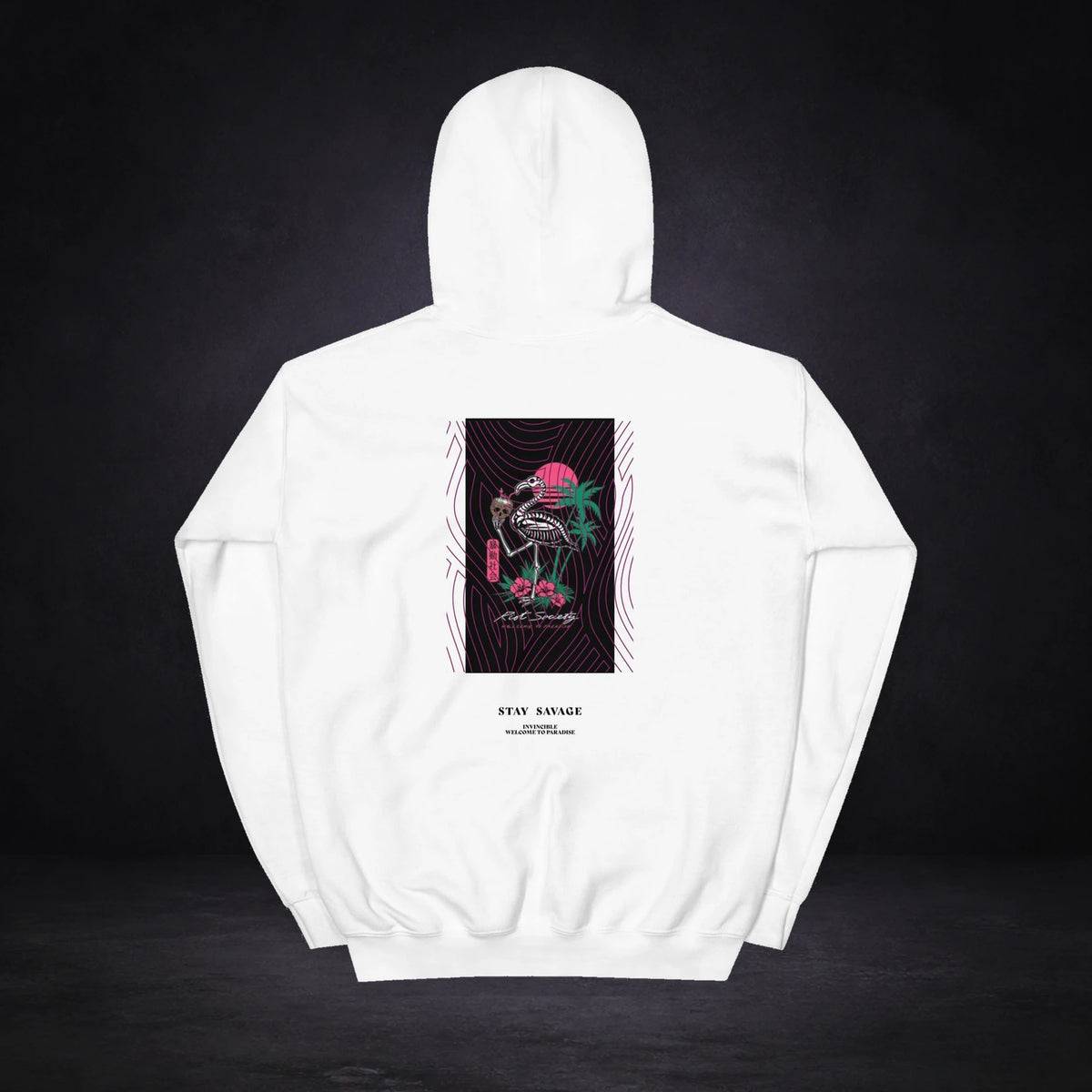 Paradise Flamingo Hoodie von NiZED in Weiß, Rückansicht mit Designprint vor dunklem Betonhintergrund