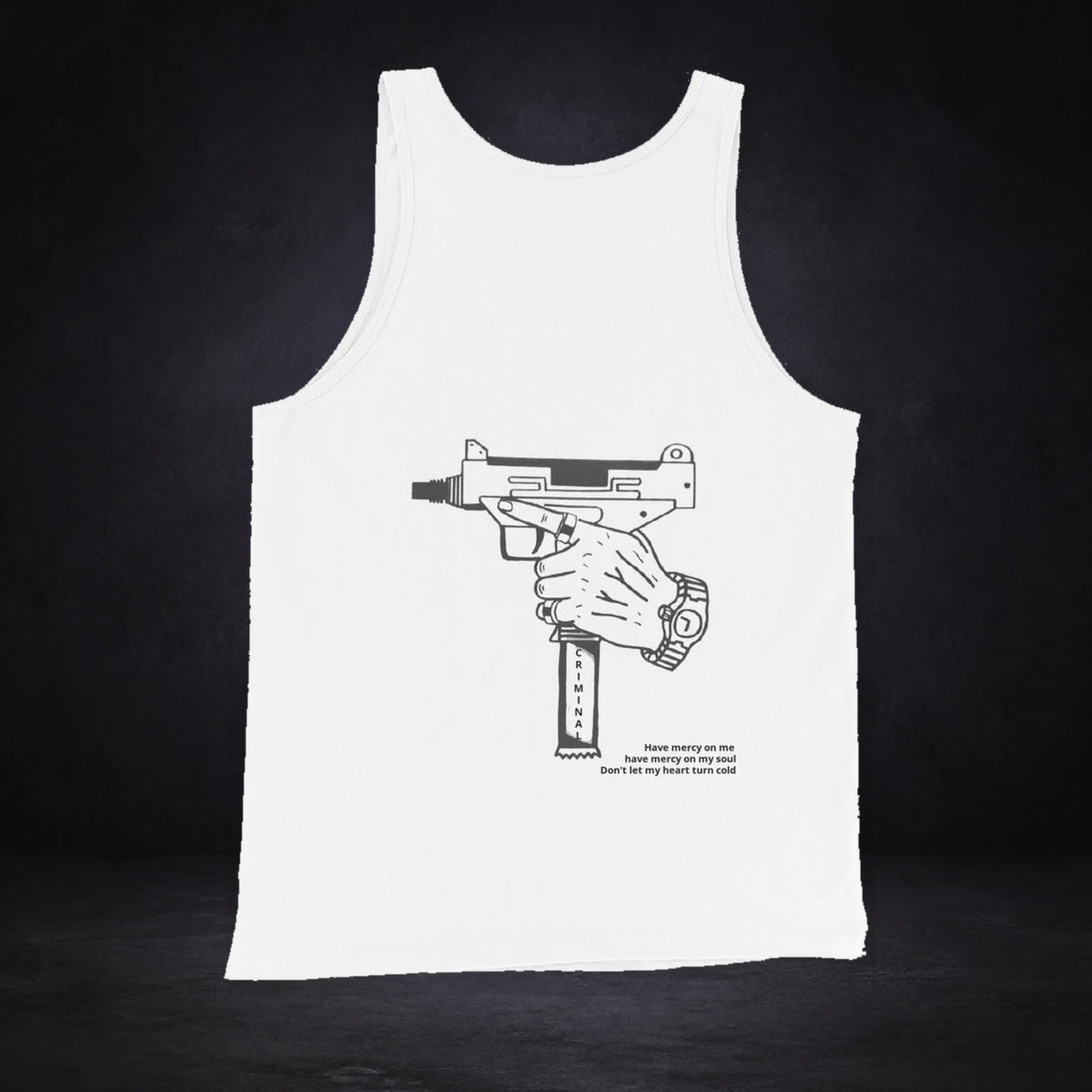 Pop Smoke Tank Top von NiZED, Rückansicht mit Designprint vor dunklem Betonhintergrund