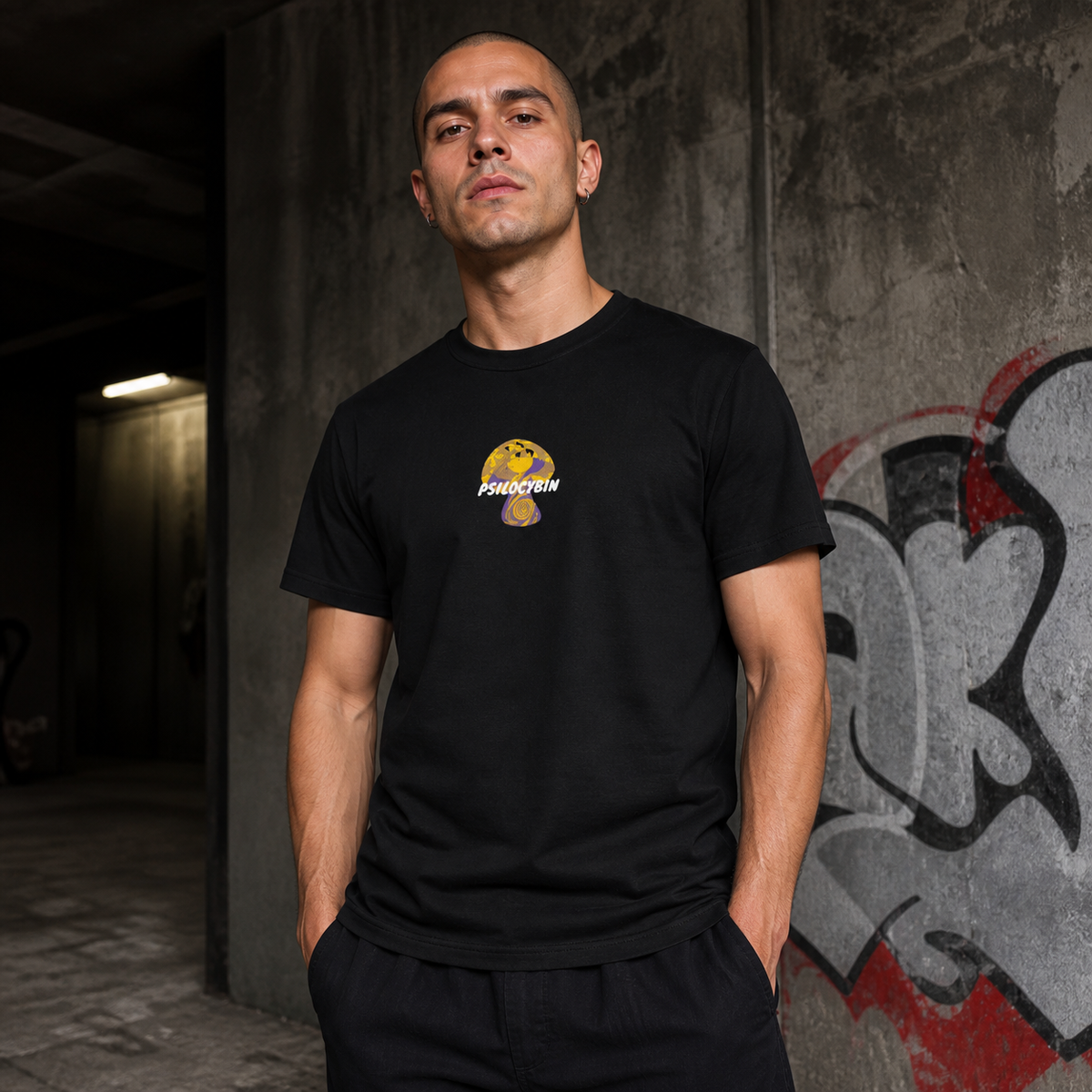 Psilocybin Graphic T-Shirt Herren Model Frontansicht - KI-generierte Darstellung