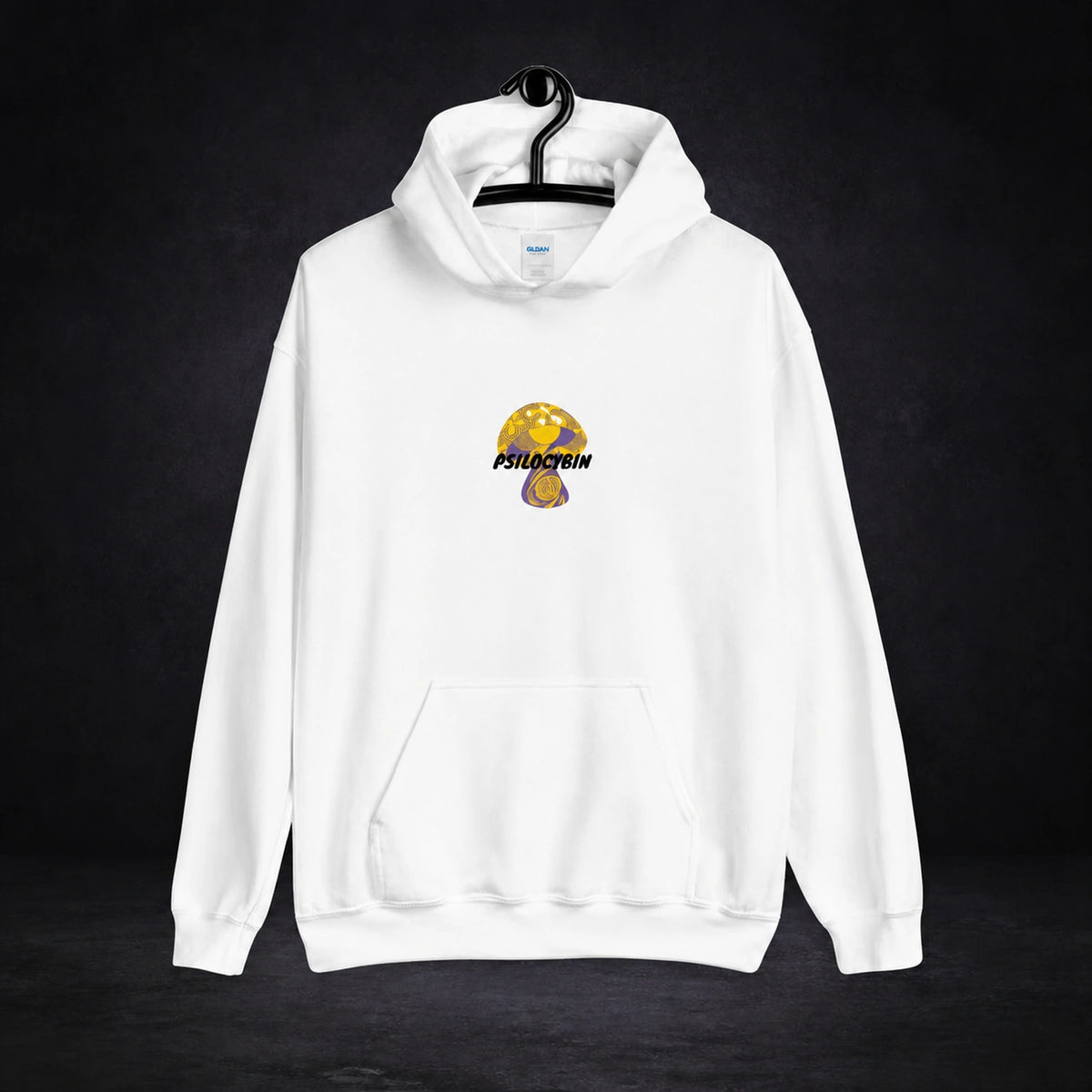Psilocybin Graphic Hoodie – Vorderansicht auf dunklem Betonhintergrund