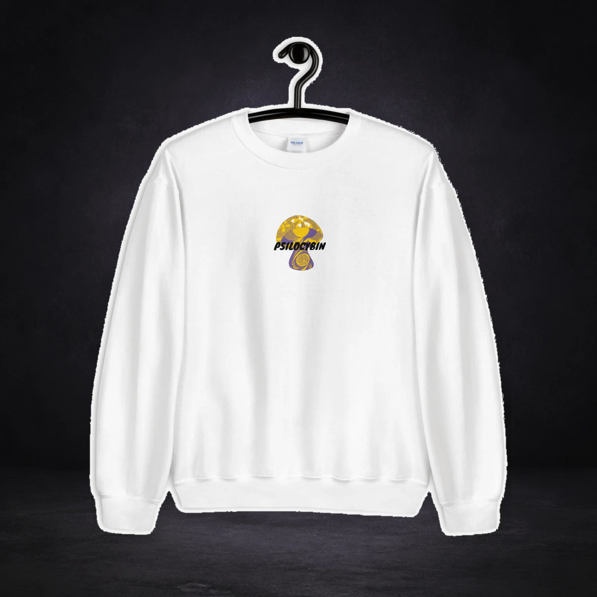 Psilocybin Graphic Sweater von NiZED, Vorderansicht mit Designprint vor dunklem Betonhintergrund