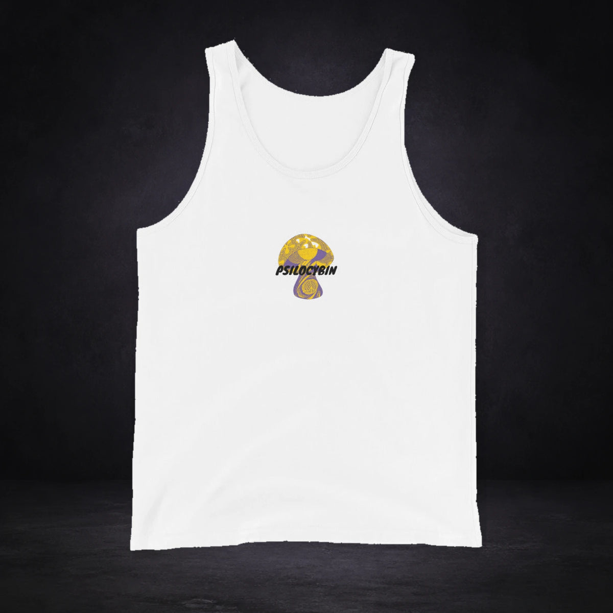 Psilocybin Tank Top von NiZED, Vorderansicht mit Designprint vor dunklem Betonhintergrund