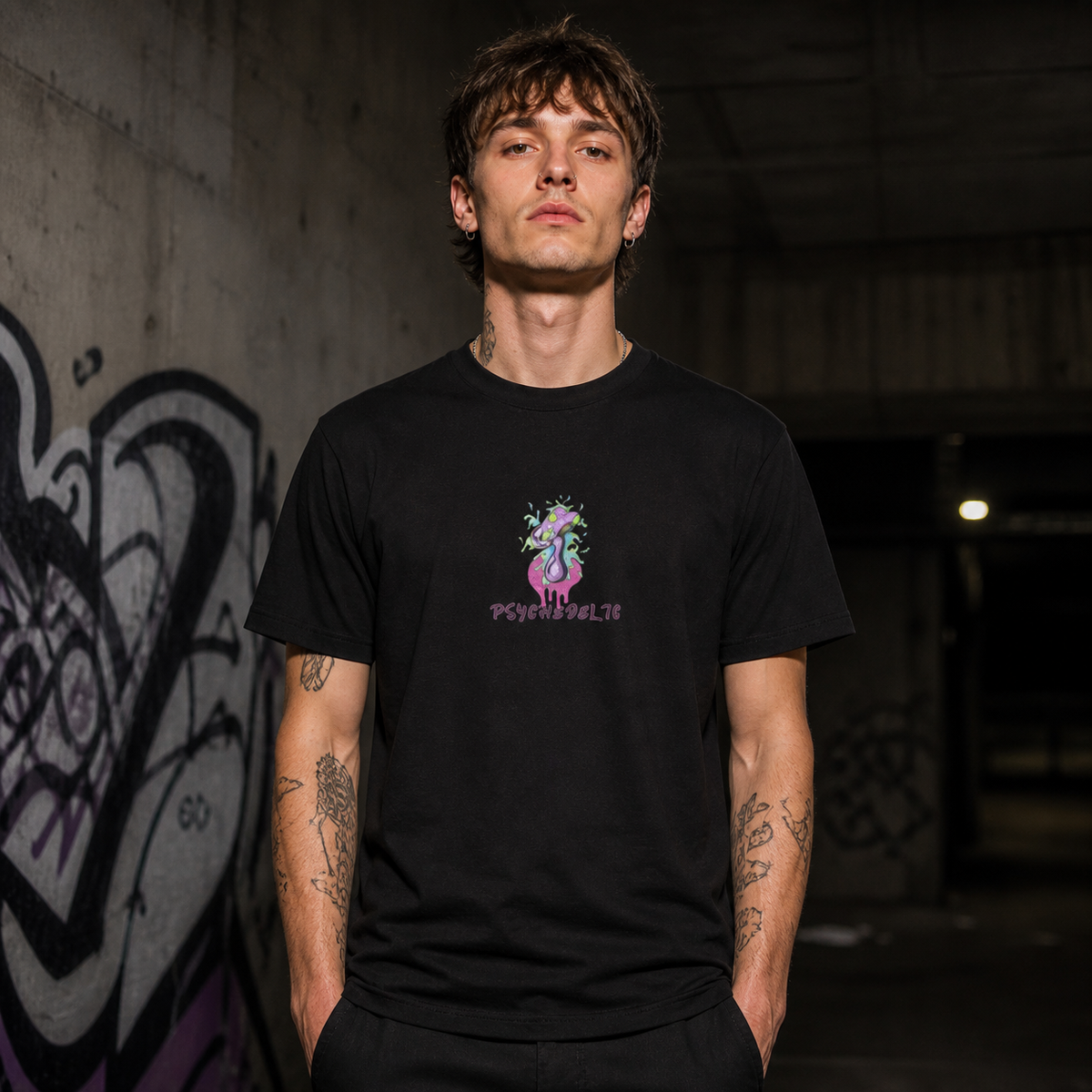 Psychedelic Graphic T-Shirt Herren Model Frontansicht - KI-generierte Darstellung