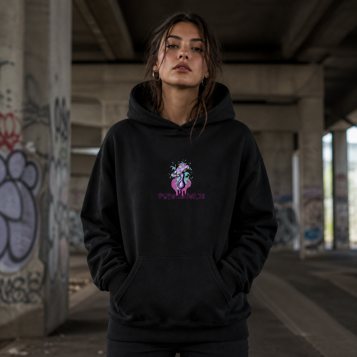 Psychedelic Graphic Hoodie Damen Model Frontansicht Berlin – KI-generierte Darstellung
