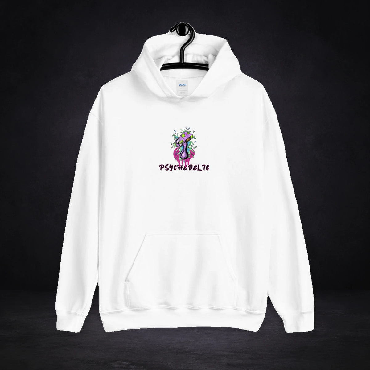 Psychedelic Graphic Hoodie von NiZED, Vorderansicht mit Designprint vor dunklem Betonhintergrund