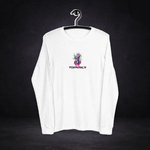 Psychedelic Graphic Longsleeve von NiZED, Vorderansicht mit Designprint vor dunklem Betonhintergrund