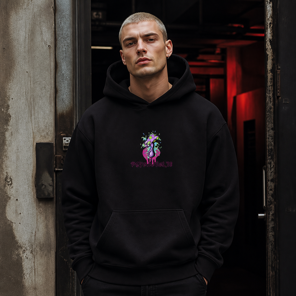 Psychedelic Graphic Hoodie Herren Model Frontansicht Berlin – KI-generierte Darstellung