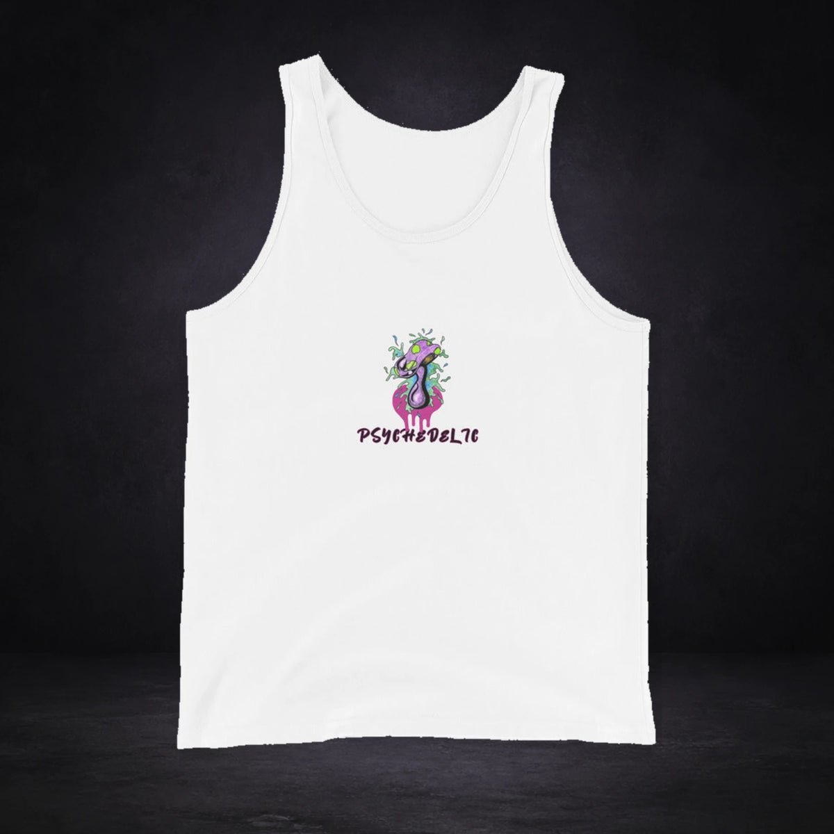 Psychedelic Tank Top von NiZED, Vorderansicht mit Designprint vor dunklem Betonhintergrund