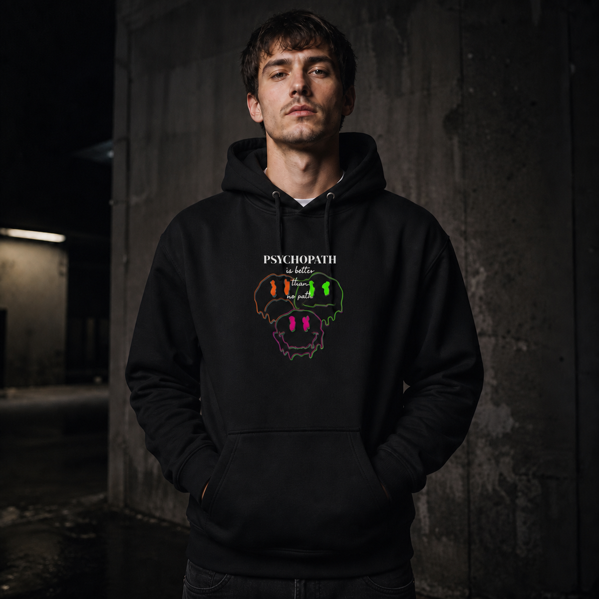 Psychopath Better Hoodie Herren Model Frontansicht Berlin – KI-generierte Darstellung