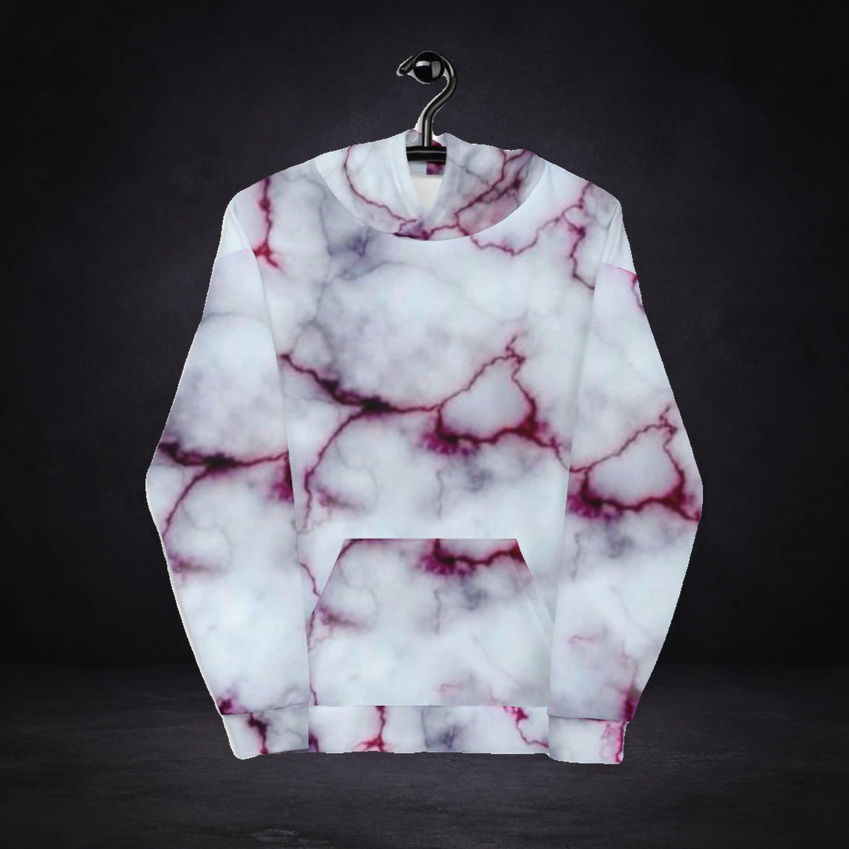 Pure Graphic Hoodie von NiZED, Vorderansicht mit All-over-Print vor dunklem Betonhintergrund