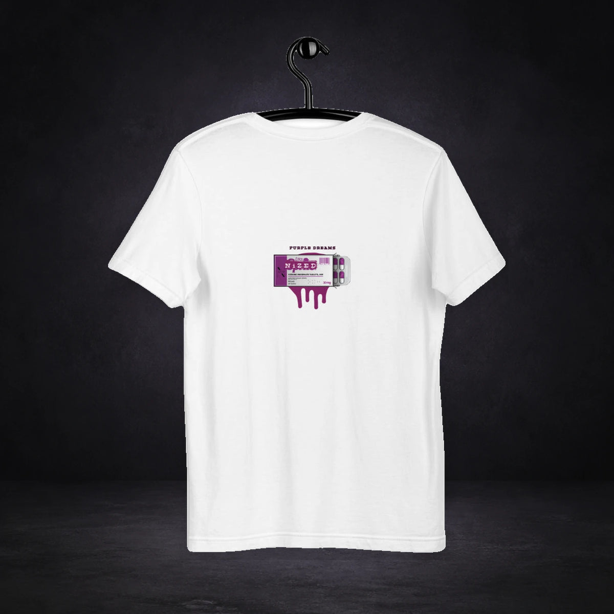Purple Dreams Graphic T-Shirt Design 2 von NiZED, Rückansicht mit Designprint vor dunklem Betonhintergrund