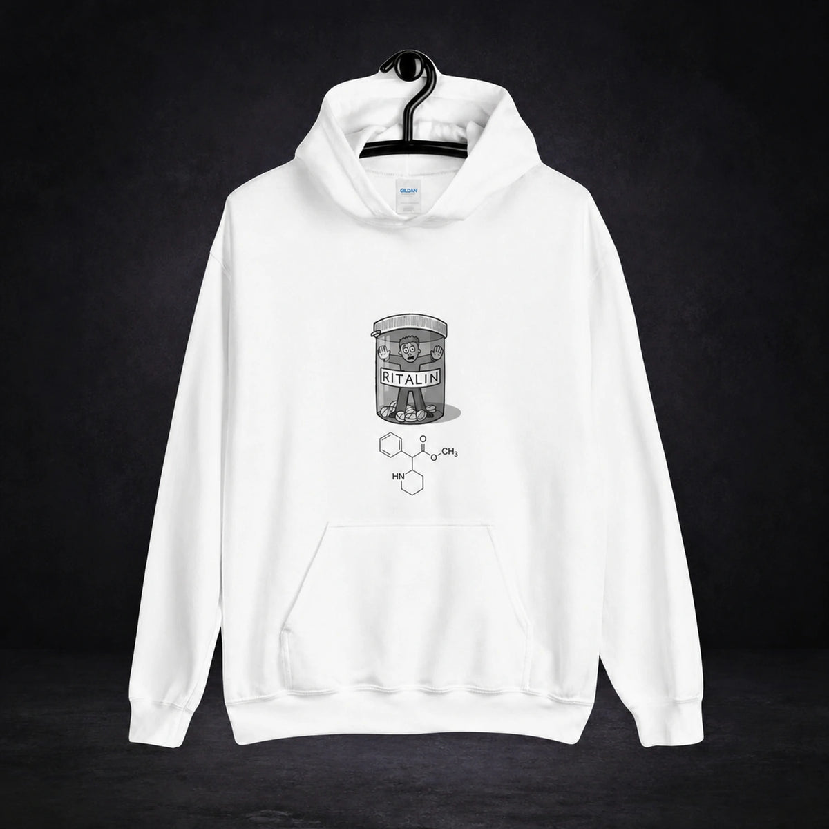Ritalin Graphic Hoodie – Vorderansicht auf dunklem Betonhintergrund