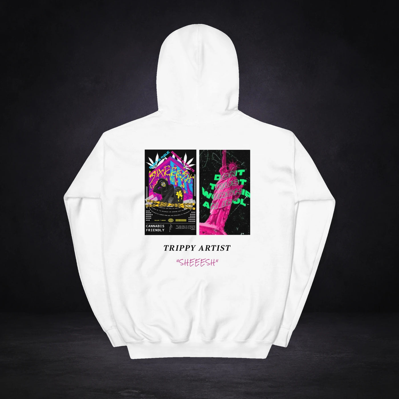 Sheeesh Graphic Hoodie von NiZED, Rückansicht mit Designprint vor dunklem Betonhintergrund