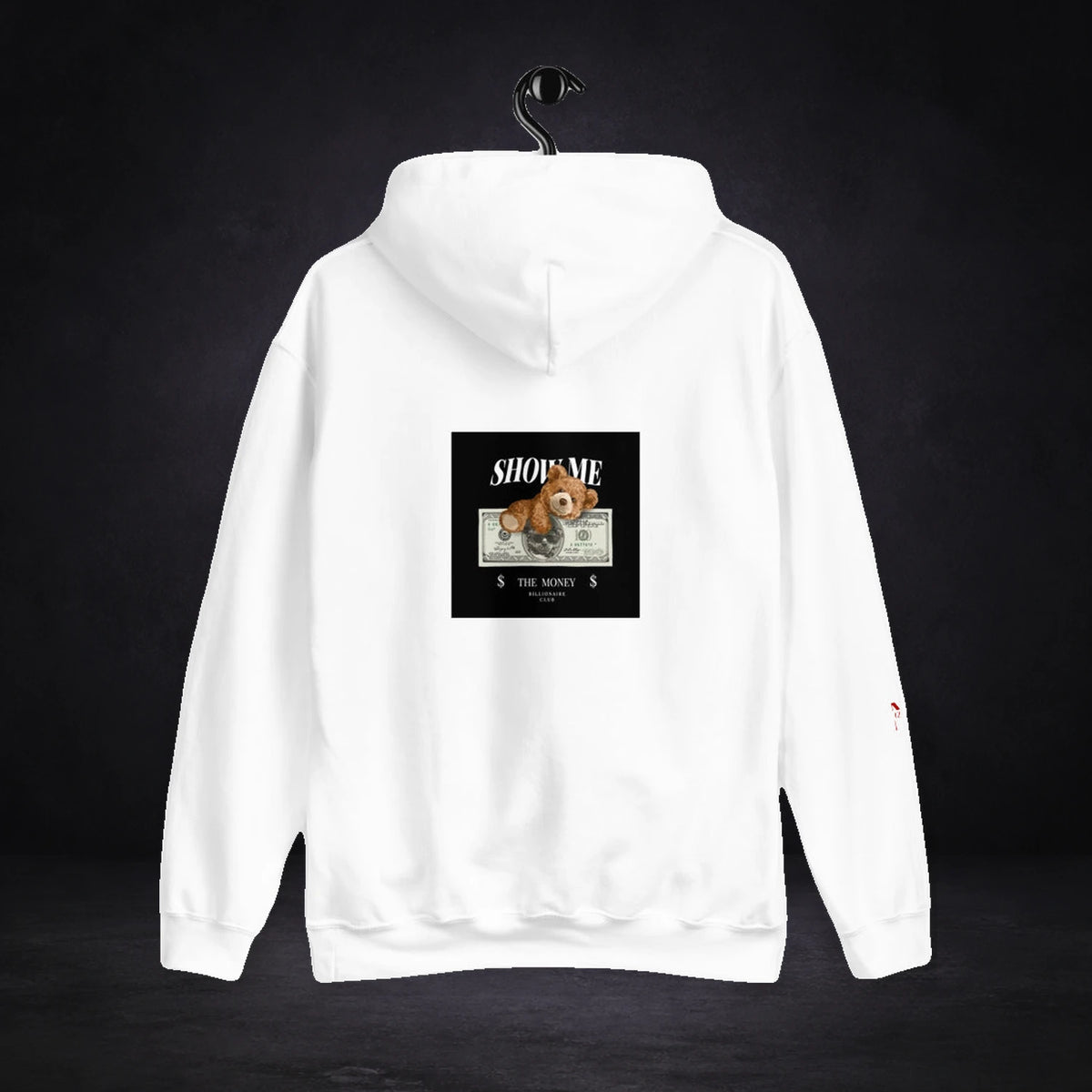 Show Money Graphic Hoodie von NiZED, Rückansicht mit Designprint vor dunklem Betonhintergrund