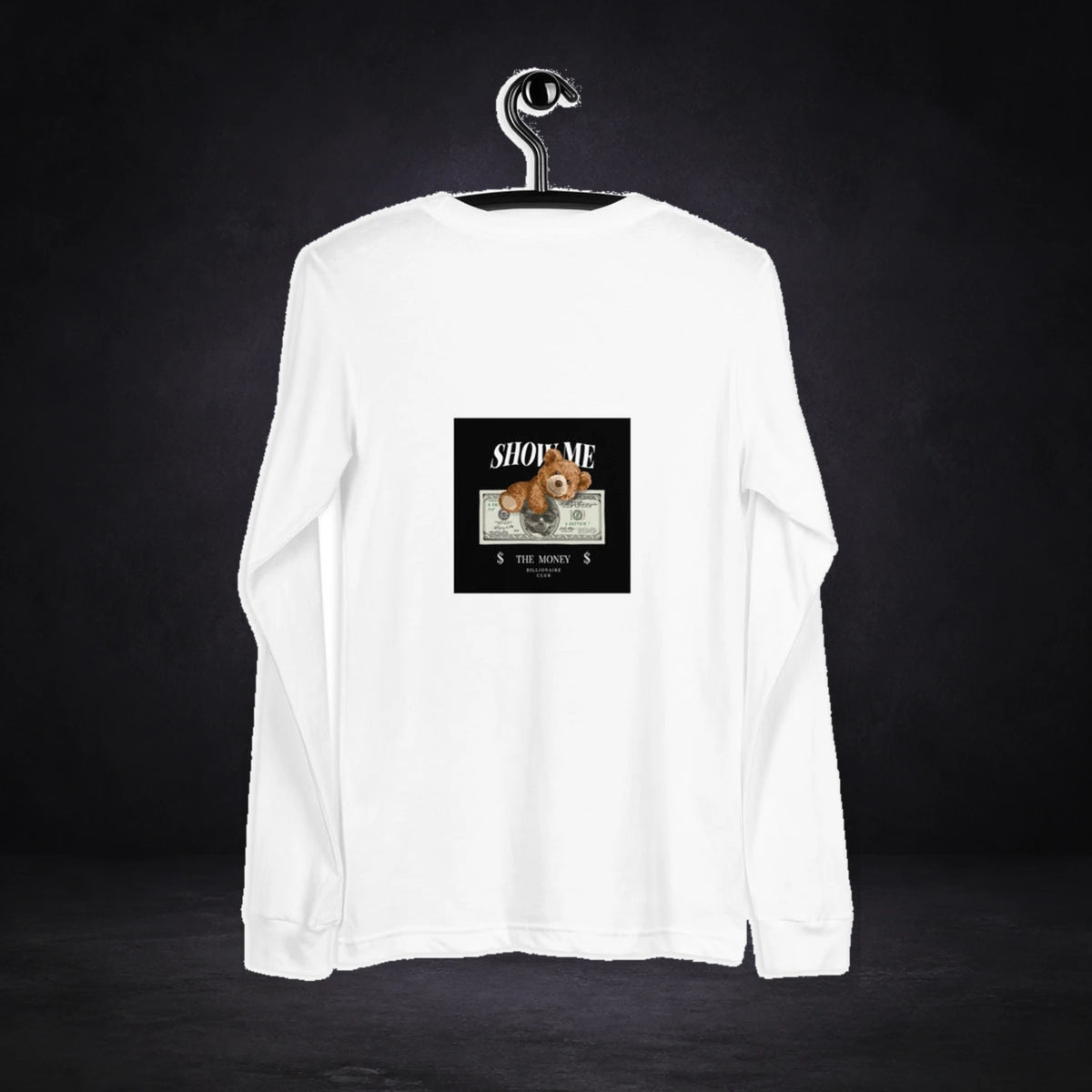 Show Money Graphic Hoodie Design 2 von NiZED, Rückansicht mit Designprint vor dunklem Betonhintergrund