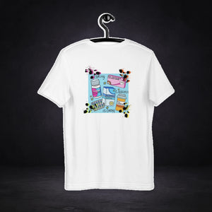Sinners again Tshirt von NiZED in Weiß, Rückansicht mit Designprint vor dunklem Betonhintergrund