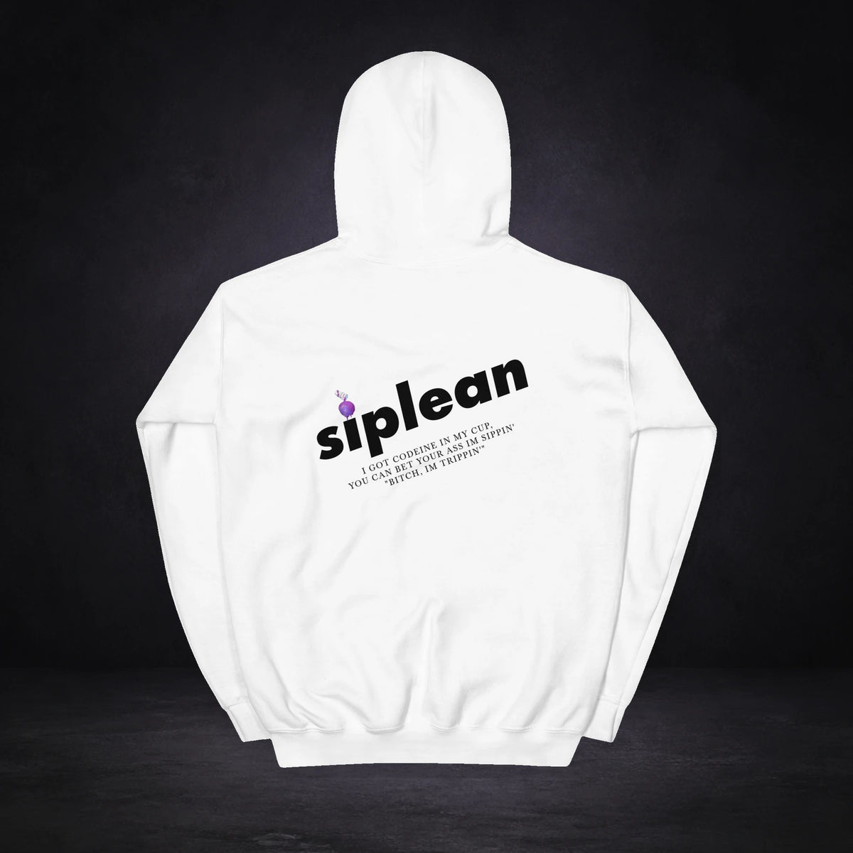 Siplean Codein Hoodie von NiZED, Rückansicht mit Designprint vor dunklem Betonhintergrund