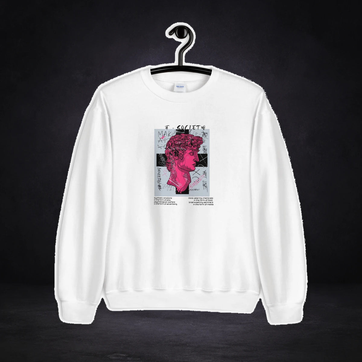 Society Graphic Sweater von NiZED, Vorderansicht mit Designprint vor dunklem Betonhintergrund