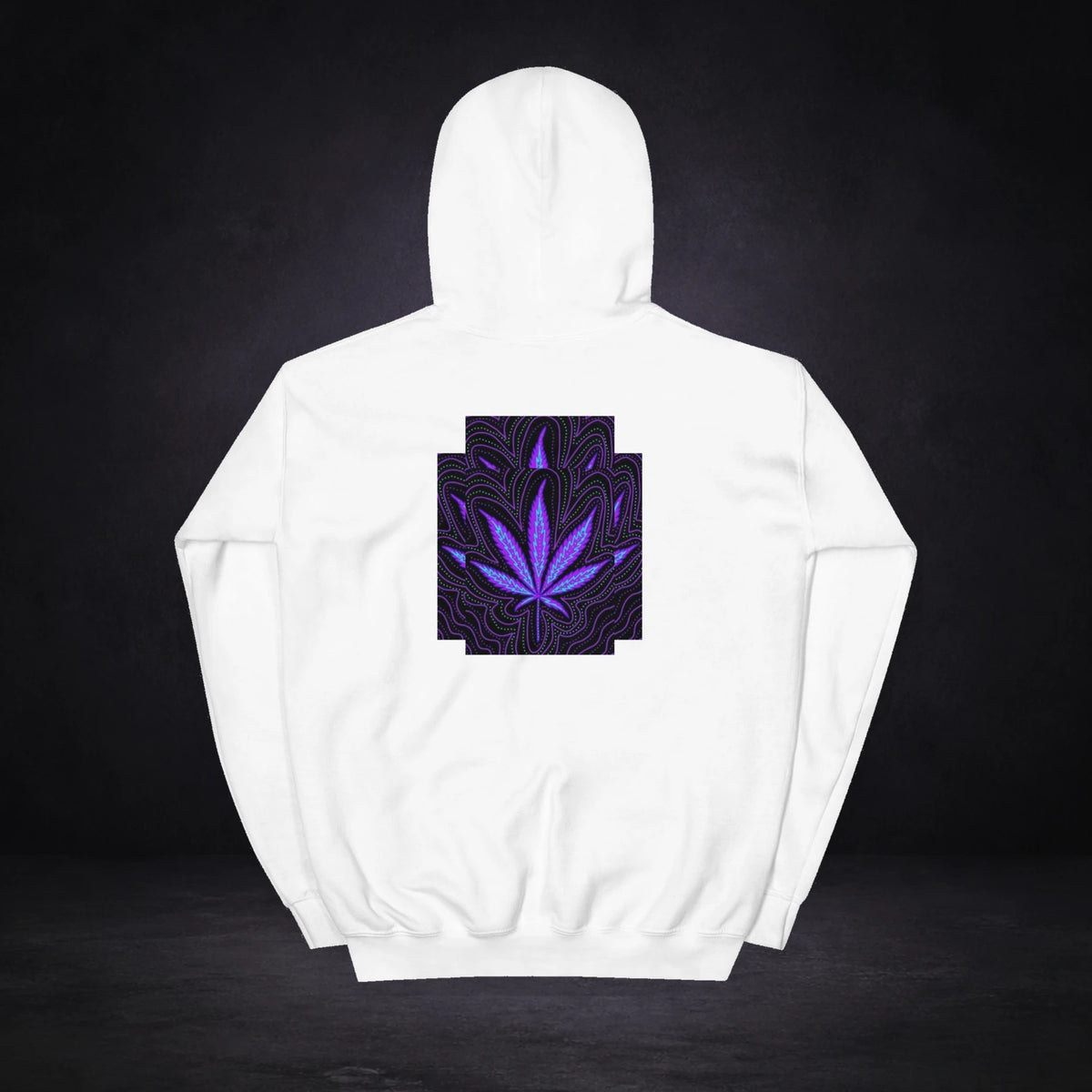 Stoned Again Hoodie von NiZED in Weiß, Rückansicht mit Designprint vor dunklem Betonhintergrund