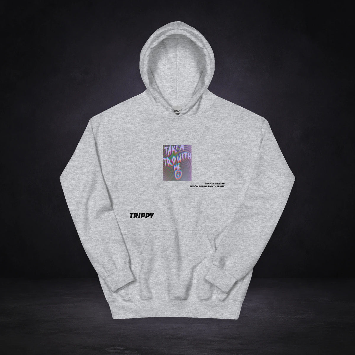 Take me to a Trip Hoodie von NiZED, Vorderansicht mit Designprint vor dunklem Betonhintergrund