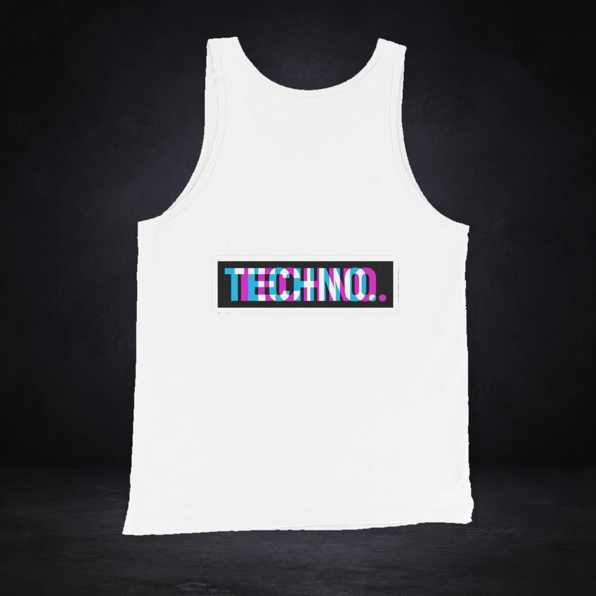 Techno Tank-Top Design von NiZED, Rückansicht mit Designprint vor dunklem Betonhintergrund