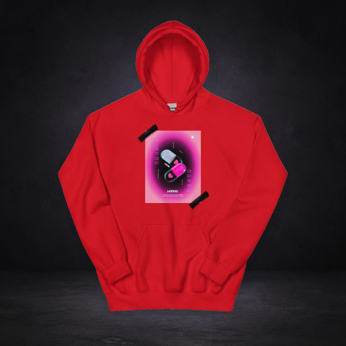 Think Different Hoodie von NiZED, Vorderansicht mit Designprint vor dunklem Betonhintergrund