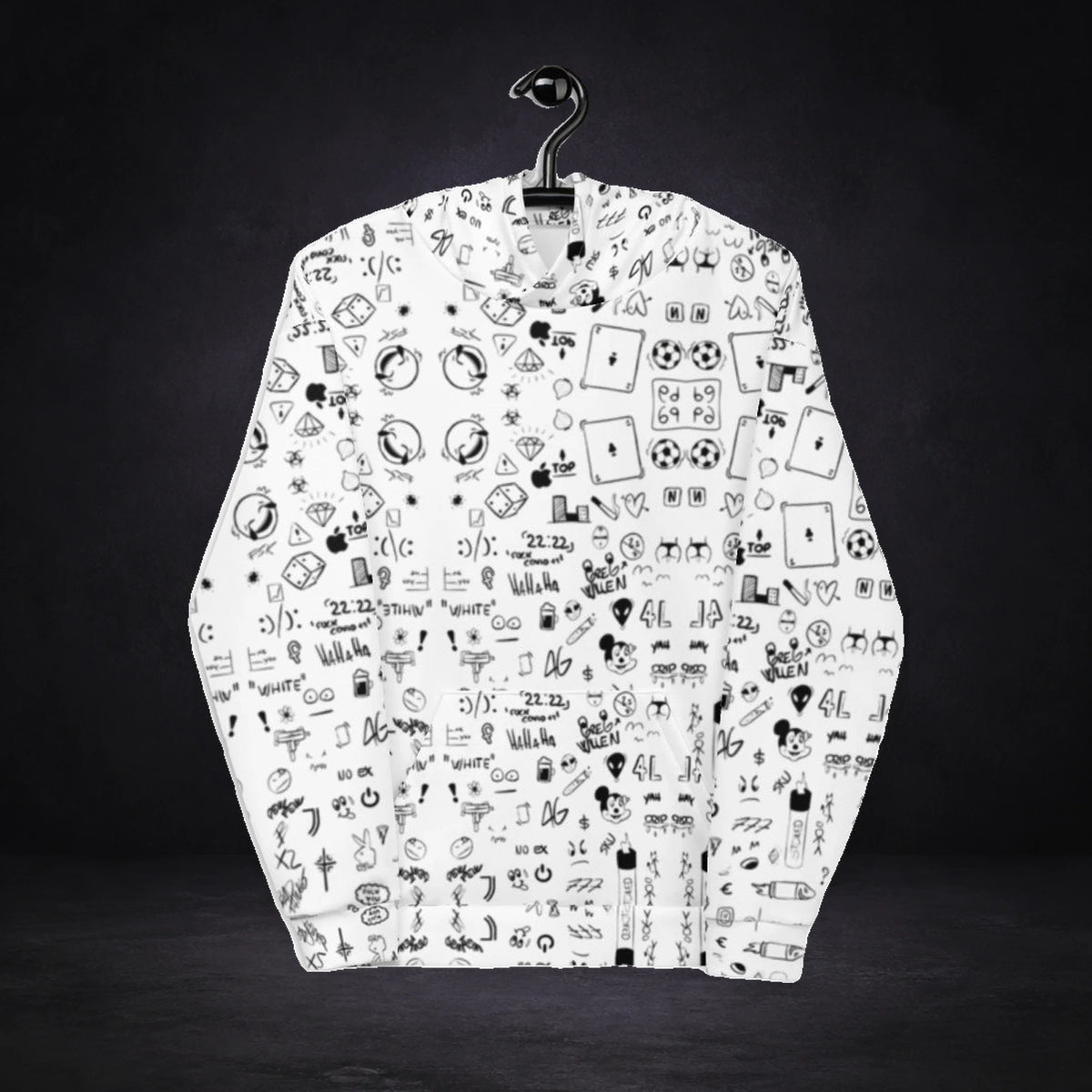 Tick Graphic Hoodie von NiZED, Vorderansicht mit All-over-Print vor dunklem Betonhintergrund