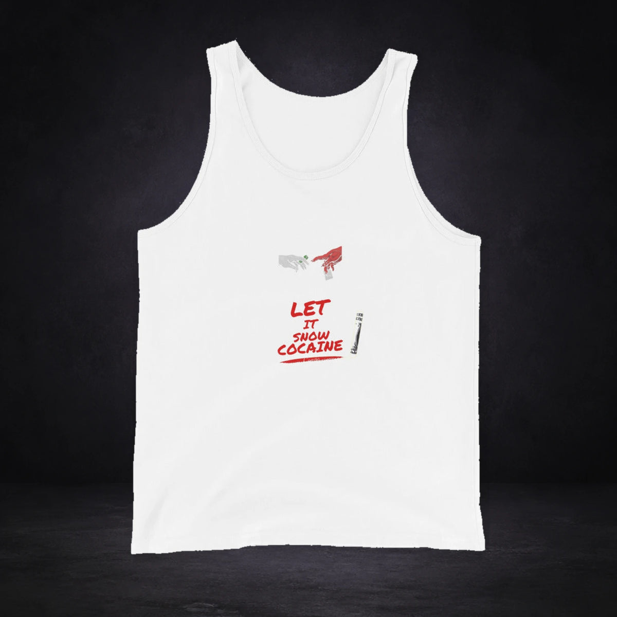 Til Sunrise Party Tank Top von NiZED, Vorderansicht mit Designprint vor dunklem Betonhintergrund