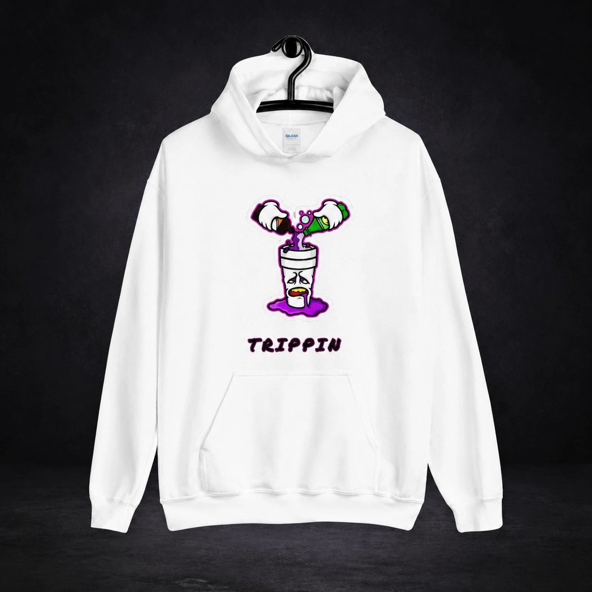 Trippin Purple Mix Vibes Hoodie – Vorderansicht auf dunklem Betonhintergrund