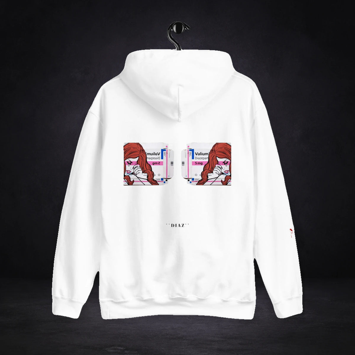 Valium Diazepam Hoodie von NiZED, Rückansicht mit Designprint vor dunklem Betonhintergrund