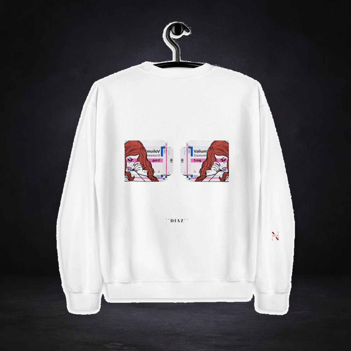 Valium and Diazepam Sweater von NiZED, Rückansicht mit Designprint vor dunklem Betonhintergrund