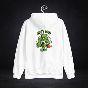 Weed Bear Hoodie von NiZED in Weiß, Rückansicht mit Designprint vor dunklem Betonhintergrund