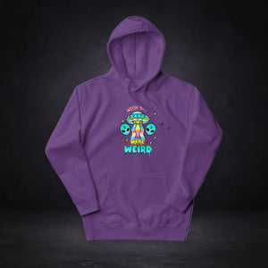 Wish Alien Hoodie von NiZED, Vorderansicht mit Designprint vor dunklem Betonhintergrund