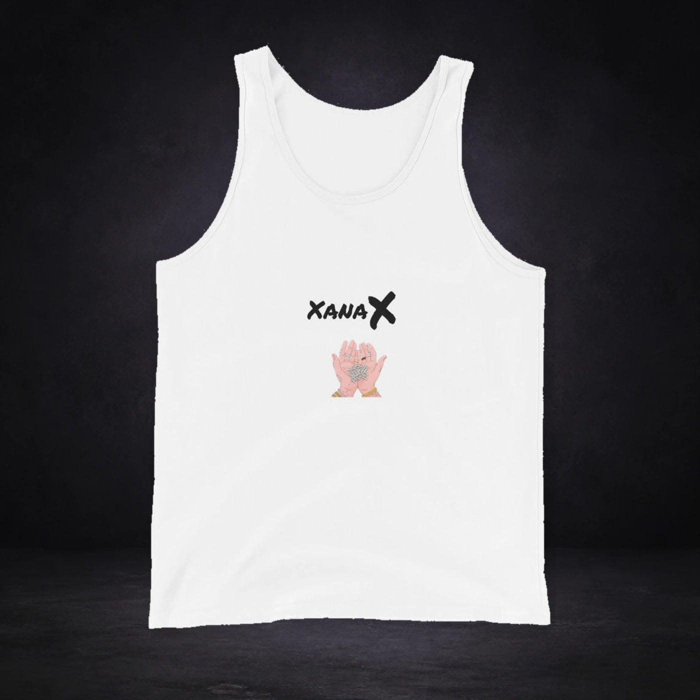 Xanax Tank Top - Rave Tank Top von NiZED, Vorderansicht mit Designprint vor dunklem Betonhintergrund